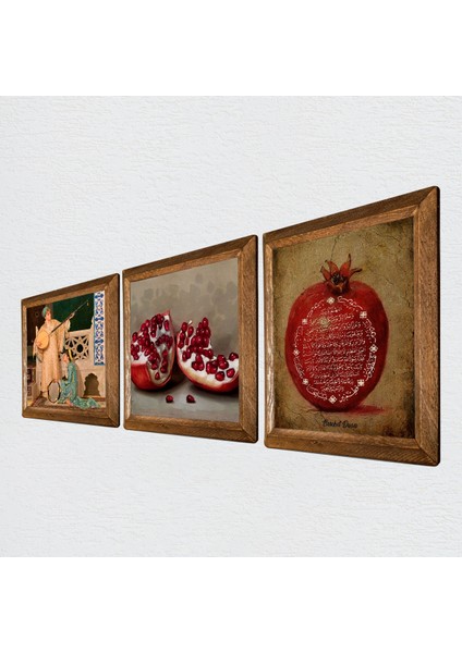 Bereket Duası, İki Müzisyen Kız Tablosu, Nar Taş Duvar Tablosu Ahşap Çerçeveli Duvar Dekoru 3 Parça Tablo Seti Wall Art W3-1467