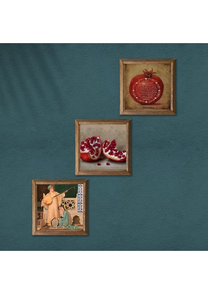 Bereket Duası, İki Müzisyen Kız Tablosu, Nar Taş Duvar Tablosu Ahşap Çerçeveli Duvar Dekoru 3 Parça Tablo Seti Wall Art W3-1467