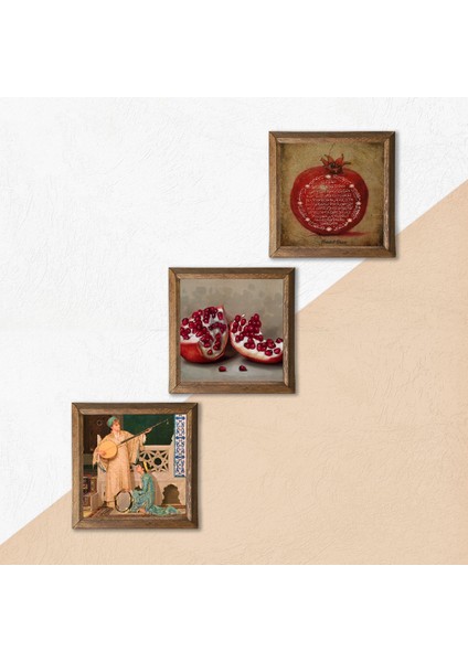 Bereket Duası, İki Müzisyen Kız Tablosu, Nar Taş Duvar Tablosu Ahşap Çerçeveli Duvar Dekoru 3 Parça Tablo Seti Wall Art W3-1467