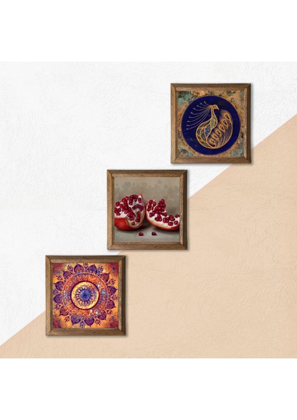 Mandala, Tavus Kuşu, Nar Taş Duvar Tablosu Ahşap Çerçeveli Duvar Dekoru 3 Parça Tablo Seti Wall Art W3-1664 indirimleri