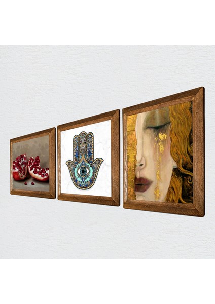Stone Gustav Klimt Altın Gözyaşları, Nar, Fatma Ana Eli (Hamsa) Ahşap Çerçeveli Taş Duvar Tablosu 3’lü Set – 25x25 cm Dekoratif Modern Sanat – Ev ve Ofis Dekoru |W3-714| fiyatları