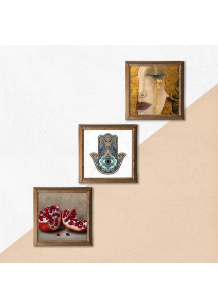 Stone Gustav Klimt Altın Gözyaşları, Nar, Fatma Ana Eli (Hamsa) Ahşap Çerçeveli Taş Duvar Tablosu 3’lü Set – 25x25 cm Dekoratif Modern Sanat – Ev ve Ofis Dekoru |W3-714| indirimleri