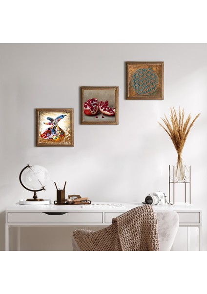 Yaşam Çiçeği, Semazen, Nar Taş Duvar Tablosu Ahşap Çerçeveli Duvar Dekoru 3 Parça Tablo Seti Wall Art W3-895
