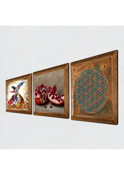 Yaşam Çiçeği, Semazen, Nar Taş Duvar Tablosu Ahşap Çerçeveli Duvar Dekoru 3 Parça Tablo Seti Wall Art W3-895