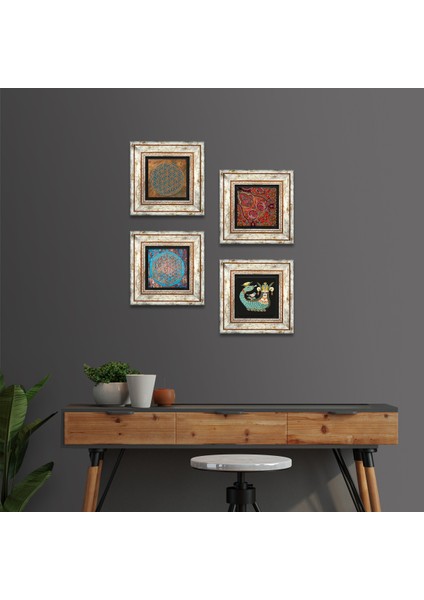 Yaşam Çiçeği, Desen, Şahmeran Taş Duvar Tablosu Çerçeveli Duvar Dekoru 4 Parça Tablo Seti Wall Art T4-455