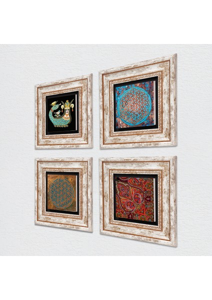 Yaşam Çiçeği, Desen, Şahmeran Taş Duvar Tablosu Çerçeveli Duvar Dekoru 4 Parça Tablo Seti Wall Art T4-455