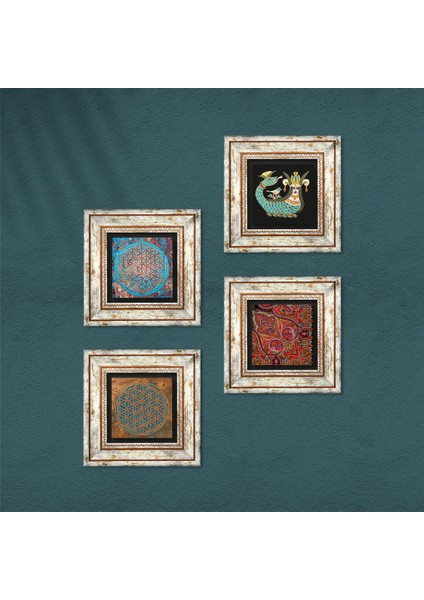 Yaşam Çiçeği, Desen, Şahmeran Taş Duvar Tablosu Çerçeveli Duvar Dekoru 4 Parça Tablo Seti Wall Art T4-455