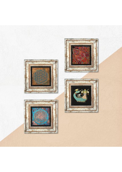 Yaşam Çiçeği, Desen, Şahmeran Taş Duvar Tablosu Çerçeveli Duvar Dekoru 4 Parça Tablo Seti Wall Art T4-455