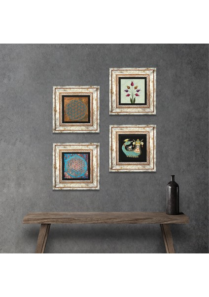 Yaşam Çiçeği, Lale, Şahmeran Çerçeveli Taş Duvar Tablosu 4’lü Set - Dekoratif Modern Sanat, Ev ve Ofis Dekoru |TK4-462|