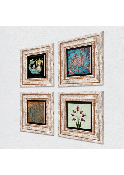 Yaşam Çiçeği, Lale, Şahmeran Çerçeveli Taş Duvar Tablosu 4’lü Set - Dekoratif Modern Sanat, Ev ve Ofis Dekoru |TK4-462| fiyatları