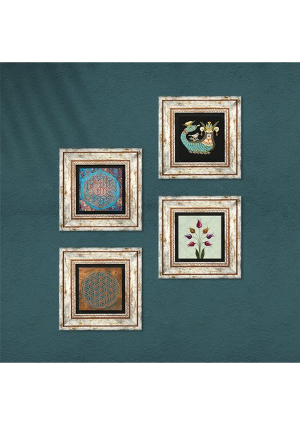 Yaşam Çiçeği, Lale, Şahmeran Çerçeveli Taş Duvar Tablosu 4’lü Set - Dekoratif Modern Sanat, Ev ve Ofis Dekoru |TK4-462| fırsatları