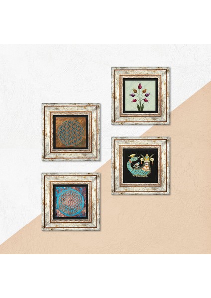 Yaşam Çiçeği, Lale, Şahmeran Çerçeveli Taş Duvar Tablosu 4’lü Set - Dekoratif Modern Sanat, Ev ve Ofis Dekoru |TK4-462| indirimleri