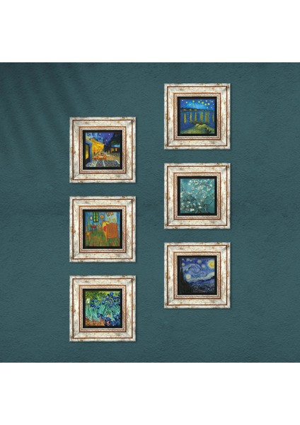 Van Gogh Taş Duvar Tablosu Çerçeveli Duvar Dekoru 6 Parça Tablo Seti Wall Art T6-56