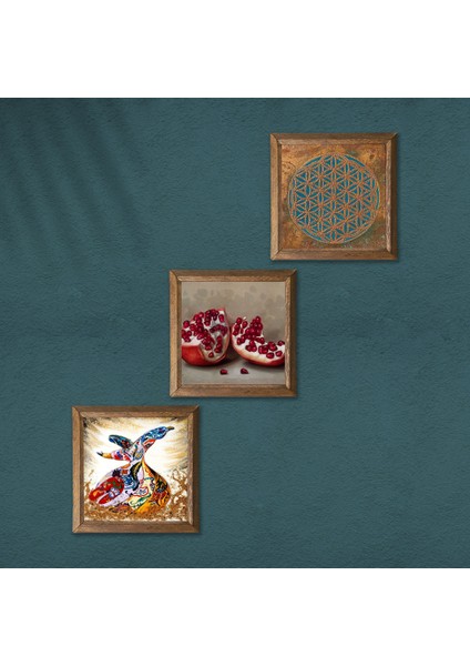 Yaşam Çiçeği, Semazen, Nar Taş Duvar Tablosu Ahşap Çerçeveli Duvar Dekoru 3 Parça Tablo Seti Wall Art W3-895