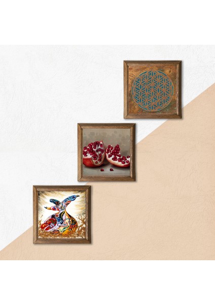 Yaşam Çiçeği, Semazen, Nar Taş Duvar Tablosu Ahşap Çerçeveli Duvar Dekoru 3 Parça Tablo Seti Wall Art W3-895