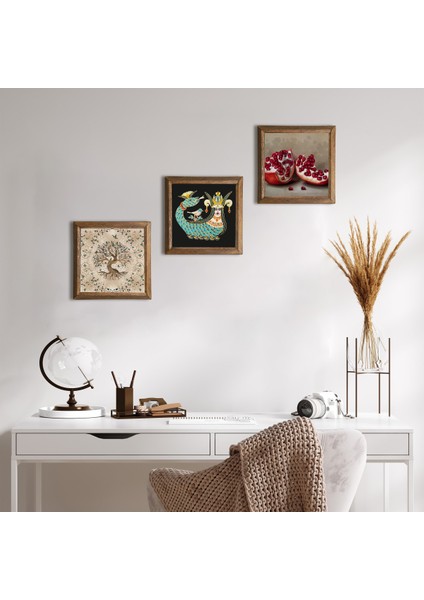 Şahmeran, Hayat Ağacı, Nar Taş Duvar Tablosu Ahşap Çerçeveli Duvar Dekoru 3 Parça Tablo Seti Wall Art W3-896