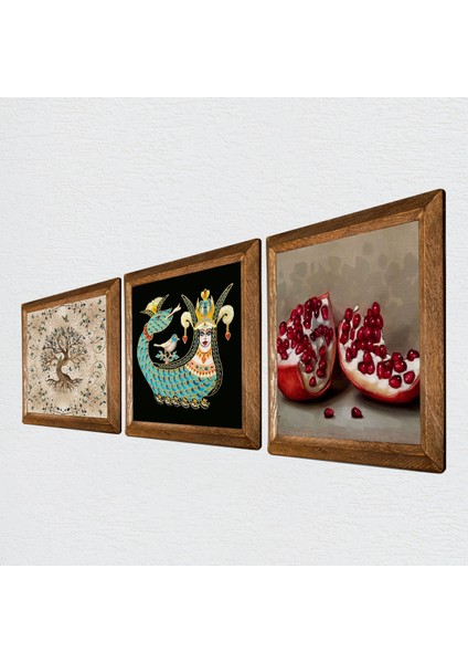 Şahmeran, Hayat Ağacı, Nar Taş Duvar Tablosu Ahşap Çerçeveli Duvar Dekoru 3 Parça Tablo Seti Wall Art W3-896