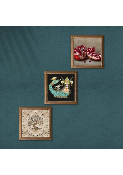 Şahmeran, Hayat Ağacı, Nar Taş Duvar Tablosu Ahşap Çerçeveli Duvar Dekoru 3 Parça Tablo Seti Wall Art W3-896