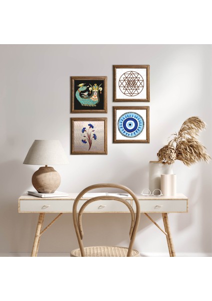 Nazar, Ebru Sanatı, Sri Yantra, Şahmeran Taş Duvar Tablosu Ahşap Çerçeveli Duvar Dekoru 4 Parça Tablo Seti Wall Art W4-998