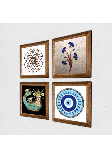 Nazar, Ebru Sanatı, Sri Yantra, Şahmeran Taş Duvar Tablosu Ahşap Çerçeveli Duvar Dekoru 4 Parça Tablo Seti Wall Art W4-998