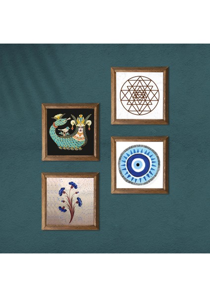 Nazar, Ebru Sanatı, Sri Yantra, Şahmeran Taş Duvar Tablosu Ahşap Çerçeveli Duvar Dekoru 4 Parça Tablo Seti Wall Art W4-998