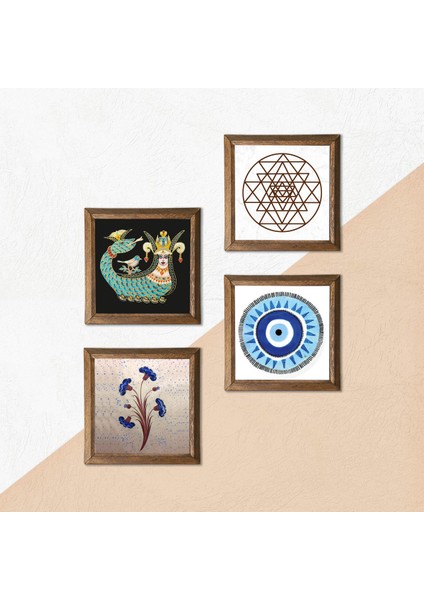 Nazar, Ebru Sanatı, Sri Yantra, Şahmeran Taş Duvar Tablosu Ahşap Çerçeveli Duvar Dekoru 4 Parça Tablo Seti Wall Art W4-998