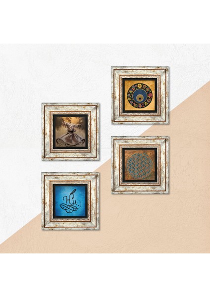 Yaşam Çiçeği, Semazen, Hu, Nazar Taş Duvar Tablosu Çerçeveli Duvar Dekoru 4 Parça Tablo Seti Wall Art T4-648