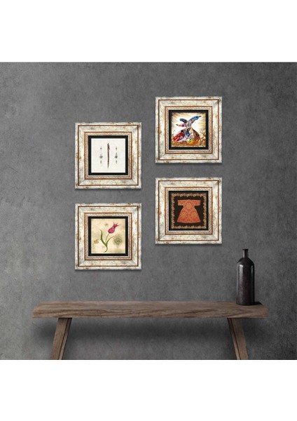Hırka-i Şerif, Lale, Elif, Semazen Çerçeveli Taş Duvar Tablosu 4’lü Set - Dekoratif Modern Sanat, Ev ve Ofis Dekoru |TK4-664|