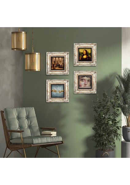 Leonardo da Vinci, Michelangelo, Çingene Kızı, Bir Roma Sanat Aşığı Çerçeveli Taş Duvar Tablosu 4’lü Set - Dekoratif Modern Sanat, Ev ve Ofis Dekoru |TK4-82|