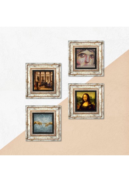 Leonardo da Vinci, Michelangelo, Çingene Kızı, Bir Roma Sanat Aşığı Çerçeveli Taş Duvar Tablosu 4’lü Set - Dekoratif Modern Sanat, Ev ve Ofis Dekoru |TK4-82| indirimleri