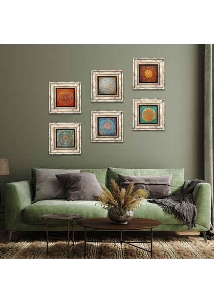 Lotus Çiçeği, Yaşam Çiçeği, Sri Yantra Taş Duvar Tablosu Çerçeveli Duvar Dekoru 6 Parça Tablo Seti Wall Art T6-07