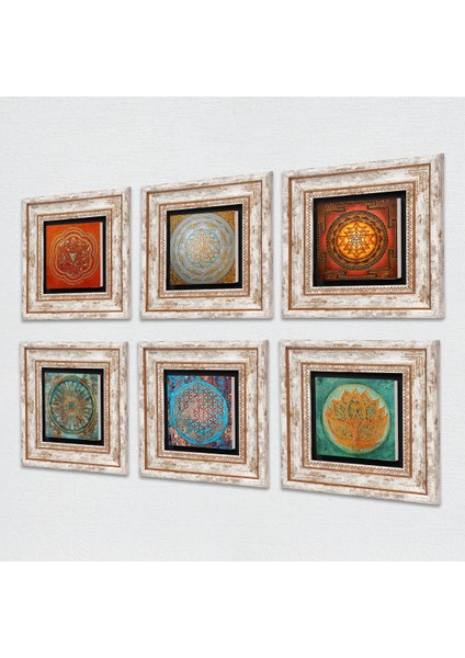 Lotus Çiçeği, Yaşam Çiçeği, Sri Yantra Taş Duvar Tablosu Çerçeveli Duvar Dekoru 6 Parça Tablo Seti Wall Art T6-07