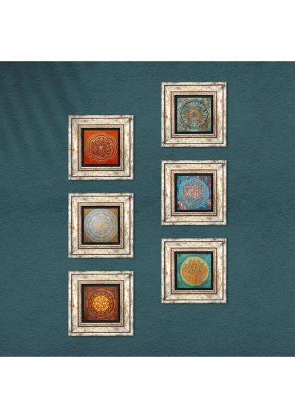Lotus Çiçeği, Yaşam Çiçeği, Sri Yantra Taş Duvar Tablosu Çerçeveli Duvar Dekoru 6 Parça Tablo Seti Wall Art T6-07