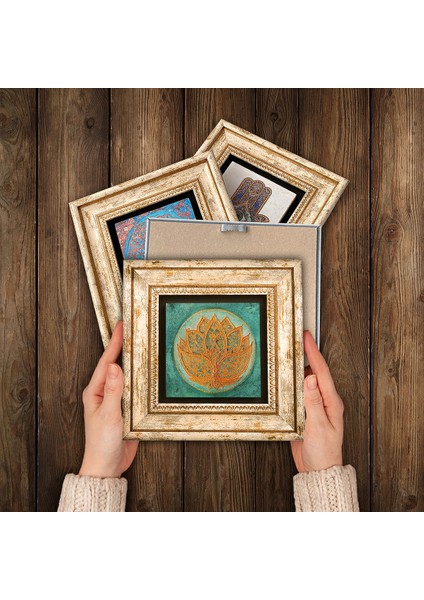 Lotus Çiçeği, Yaşam Çiçeği, Sri Yantra Taş Duvar Tablosu Çerçeveli Duvar Dekoru 6 Parça Tablo Seti Wall Art T6-07