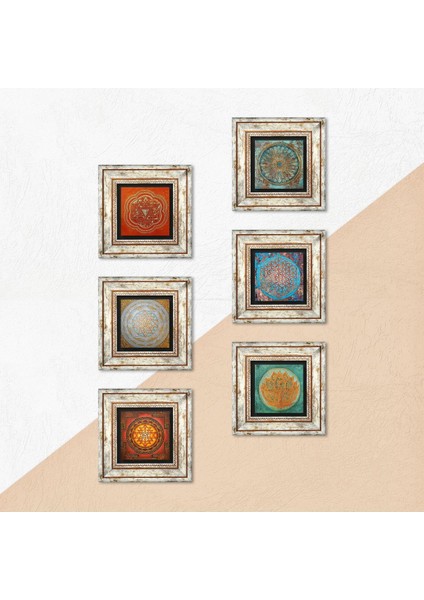 Lotus Çiçeği, Yaşam Çiçeği, Sri Yantra Taş Duvar Tablosu Çerçeveli Duvar Dekoru 6 Parça Tablo Seti Wall Art T6-07