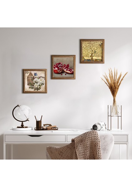 Gustav Klimt Hayat Ağacı, Kelebekli Çiçek, Nar Taş Duvar Tablosu Ahşap Çerçeveli Duvar Dekoru 3 Parça Tablo Seti Wall Art W3-1082