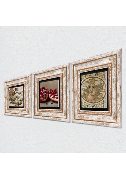 Mozaik Serisi, Kelebekli Çiçek, Nar Taş Duvar Tablosu Çerçeveli Duvar Dekoru 3 Parça Tablo Seti Wall Art T3-1086
