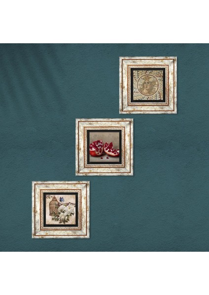 Mozaik Serisi, Kelebekli Çiçek, Nar Taş Duvar Tablosu Çerçeveli Duvar Dekoru 3 Parça Tablo Seti Wall Art T3-1086