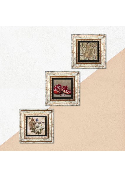 Mozaik Serisi, Kelebekli Çiçek, Nar Taş Duvar Tablosu Çerçeveli Duvar Dekoru 3 Parça Tablo Seti Wall Art T3-1086