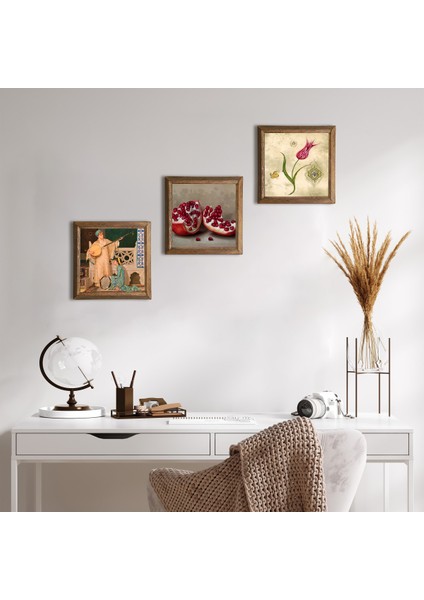 Lale Ebru Sanatı, İki Müzisyen Kız Tablosu, Nar Taş Duvar Tablosu Ahşap Çerçeveli Duvar Dekoru 3 Parça Tablo Seti Wall Art W3-1479