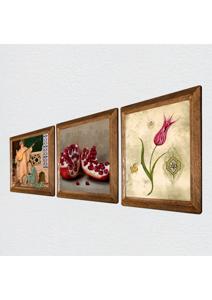 Lale Ebru Sanatı, İki Müzisyen Kız Tablosu, Nar Taş Duvar Tablosu Ahşap Çerçeveli Duvar Dekoru 3 Parça Tablo Seti Wall Art W3-1479