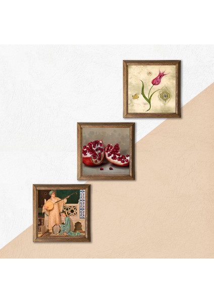 Lale Ebru Sanatı, İki Müzisyen Kız Tablosu, Nar Taş Duvar Tablosu Ahşap Çerçeveli Duvar Dekoru 3 Parça Tablo Seti Wall Art W3-1479