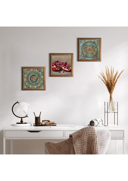 Mandala, Yaşam Çiçeği, Nar Taş Duvar Tablosu Ahşap Çerçeveli Duvar Dekoru 3 Parça Tablo Seti Wall Art W3-1656