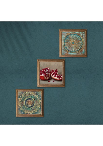 Mandala, Yaşam Çiçeği, Nar Taş Duvar Tablosu Ahşap Çerçeveli Duvar Dekoru 3 Parça Tablo Seti Wall Art W3-1656 modelleri