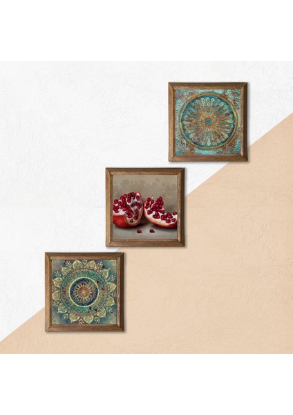Mandala, Yaşam Çiçeği, Nar Taş Duvar Tablosu Ahşap Çerçeveli Duvar Dekoru 3 Parça Tablo Seti Wall Art W3-1656 indirimleri