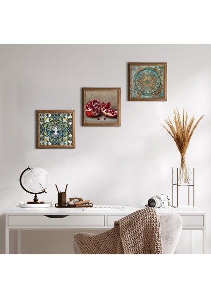 Hayat Ağacı, Yaşam Çiçeği, Nar Taş Duvar Tablosu Ahşap Çerçeveli Duvar Dekoru 3 Parça Tablo Seti Wall Art W3-1657