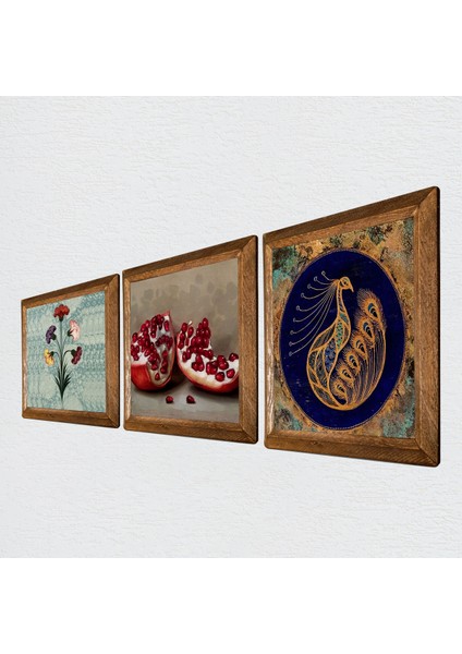 Ebru Sanatı, Tavus Kuşu, Nar Taş Duvar Tablosu Ahşap Çerçeveli Duvar Dekoru 3 Parça Tablo Seti Wall Art W3-1667