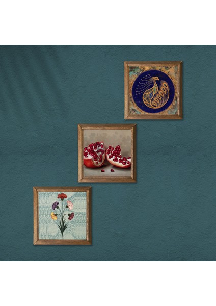 Ebru Sanatı, Tavus Kuşu, Nar Taş Duvar Tablosu Ahşap Çerçeveli Duvar Dekoru 3 Parça Tablo Seti Wall Art W3-1667
