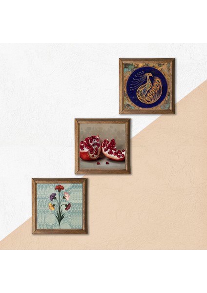 Ebru Sanatı, Tavus Kuşu, Nar Taş Duvar Tablosu Ahşap Çerçeveli Duvar Dekoru 3 Parça Tablo Seti Wall Art W3-1667