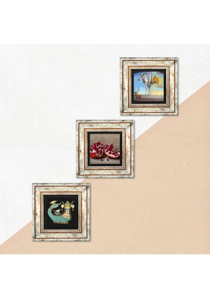 Dalí Aziz Antonius'un Baştan Çıkarılışı, Şahmeran, Nar Taş Duvar Tablosu Çerçeveli Duvar Dekoru 3 Parça Tablo Seti Wall Art T3-1036